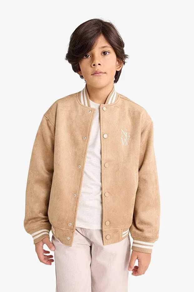 Детское зимнее пальто для мальчиков с вышивкой College Collar Bomber Defacto, Beige-Bg219 — фото 3
