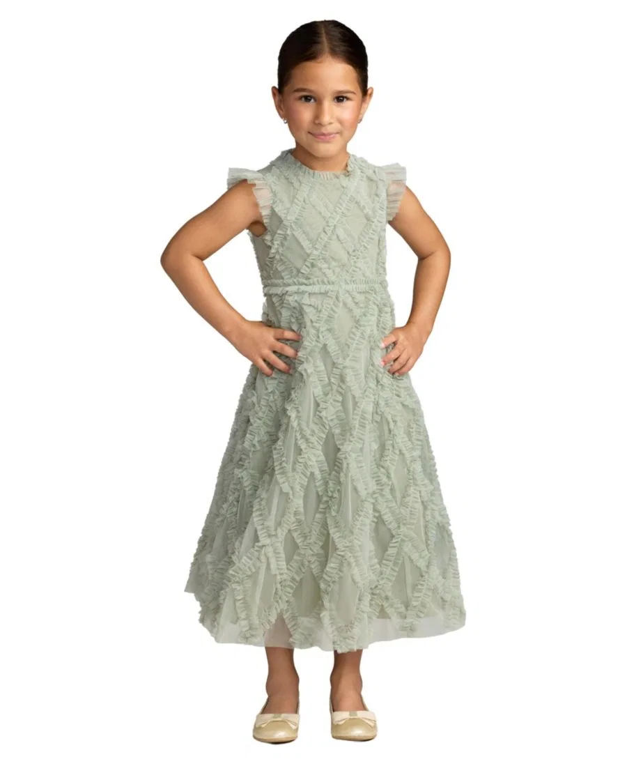Платье миди из сетки с рюшами Big Girls Ruffle Mesh Midi Dress Mac Duggal, Sage Multi