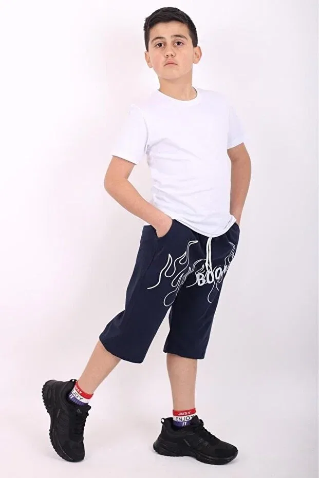 Детский комплект шорт и футболки для мальчиков с принтом Plain Basic T-Shirt And Boom Printed Capri Bottom-Top Set Çiggo Kids, White-Blue — фото 2