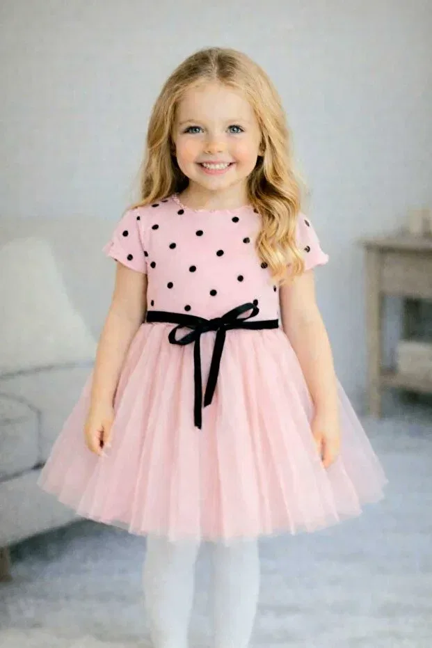 Детское платье для девочек с длинным рукавом Linda short sleeve girls princess fluffy powder pink dress polka dot stretchy lycra tutu dress Şirin Şeyler Butiği, Powder Pink