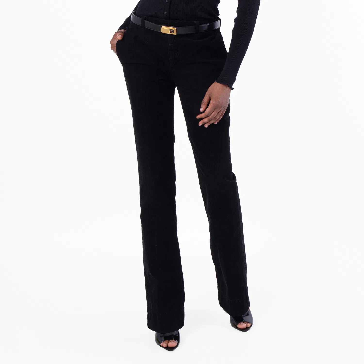 Брюки женские вельветовые с заниженной талией и клешем от колена Saint Laurent, Black