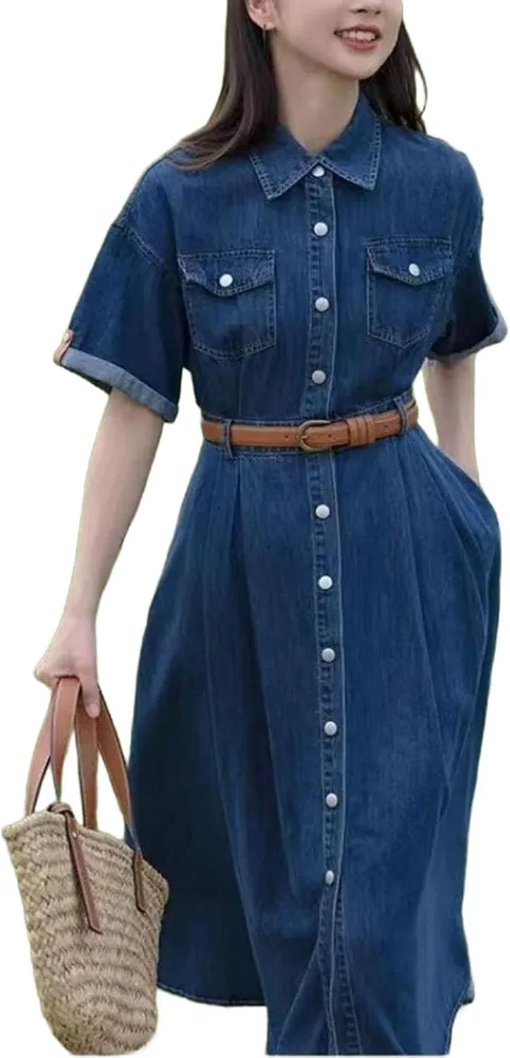 Женское платье имитация денима A-силуэта с поясом, Blue