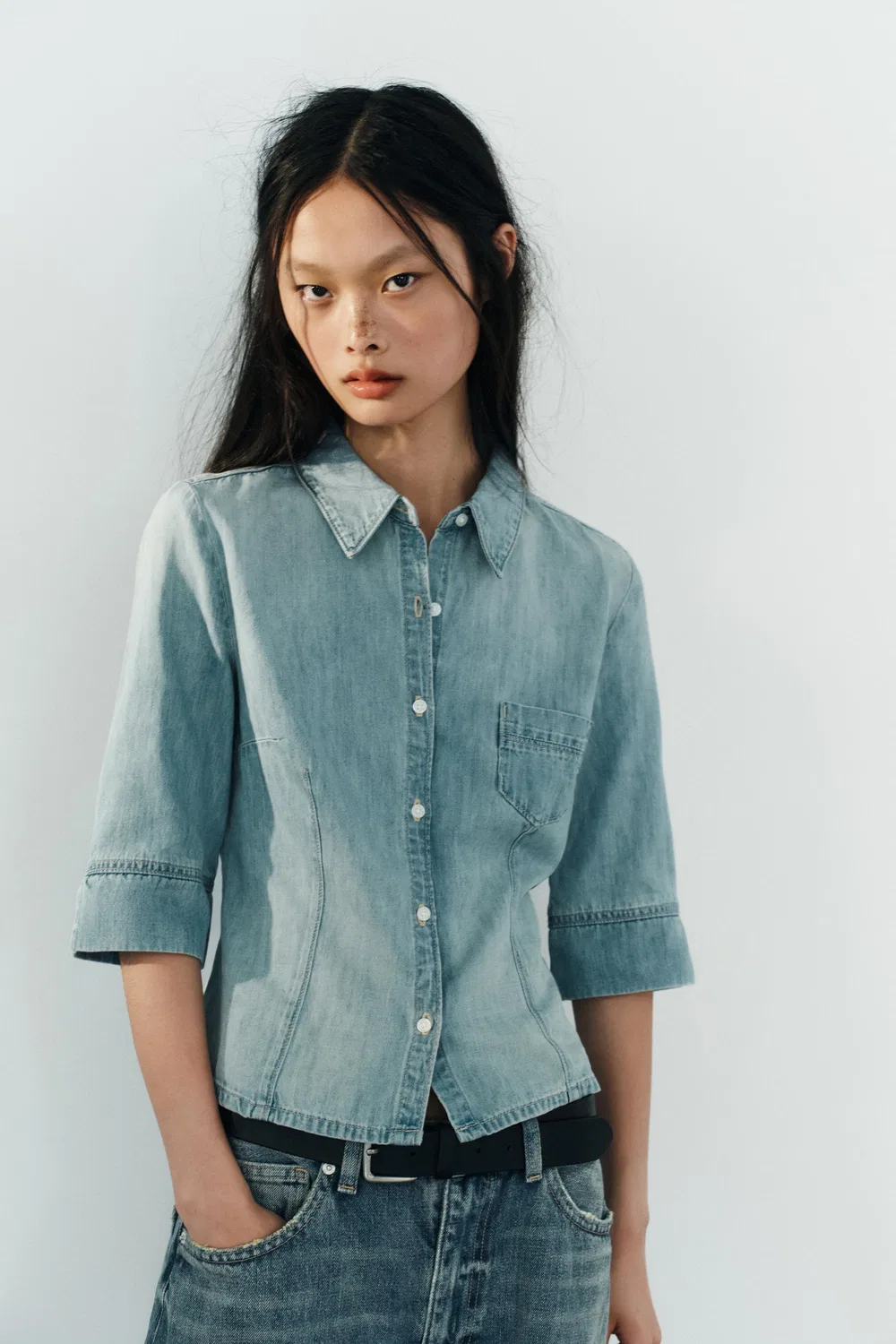 Джинсовая рубашка TRF приталенного кроя ZARA, Light blue — фото 2