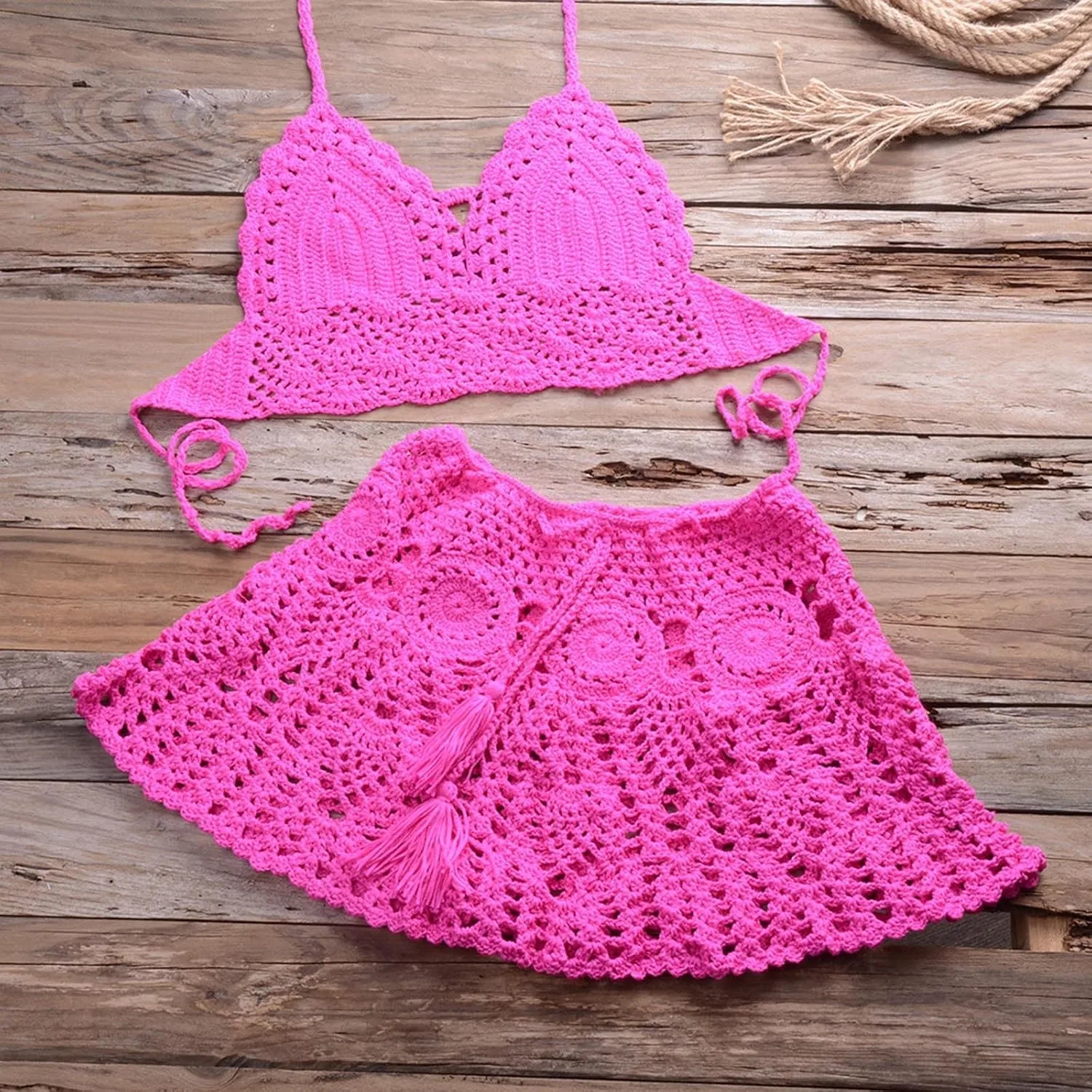 Женский бикини-сет с вырезами и мини-юбкой, Solid, Hot Pink — фото 3