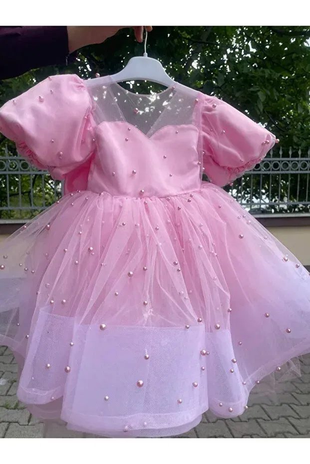 Детское платье для девочек с коротким рукавом Pink beaded balloon sleeve girl's evening dress Sayuker Shop, Pink