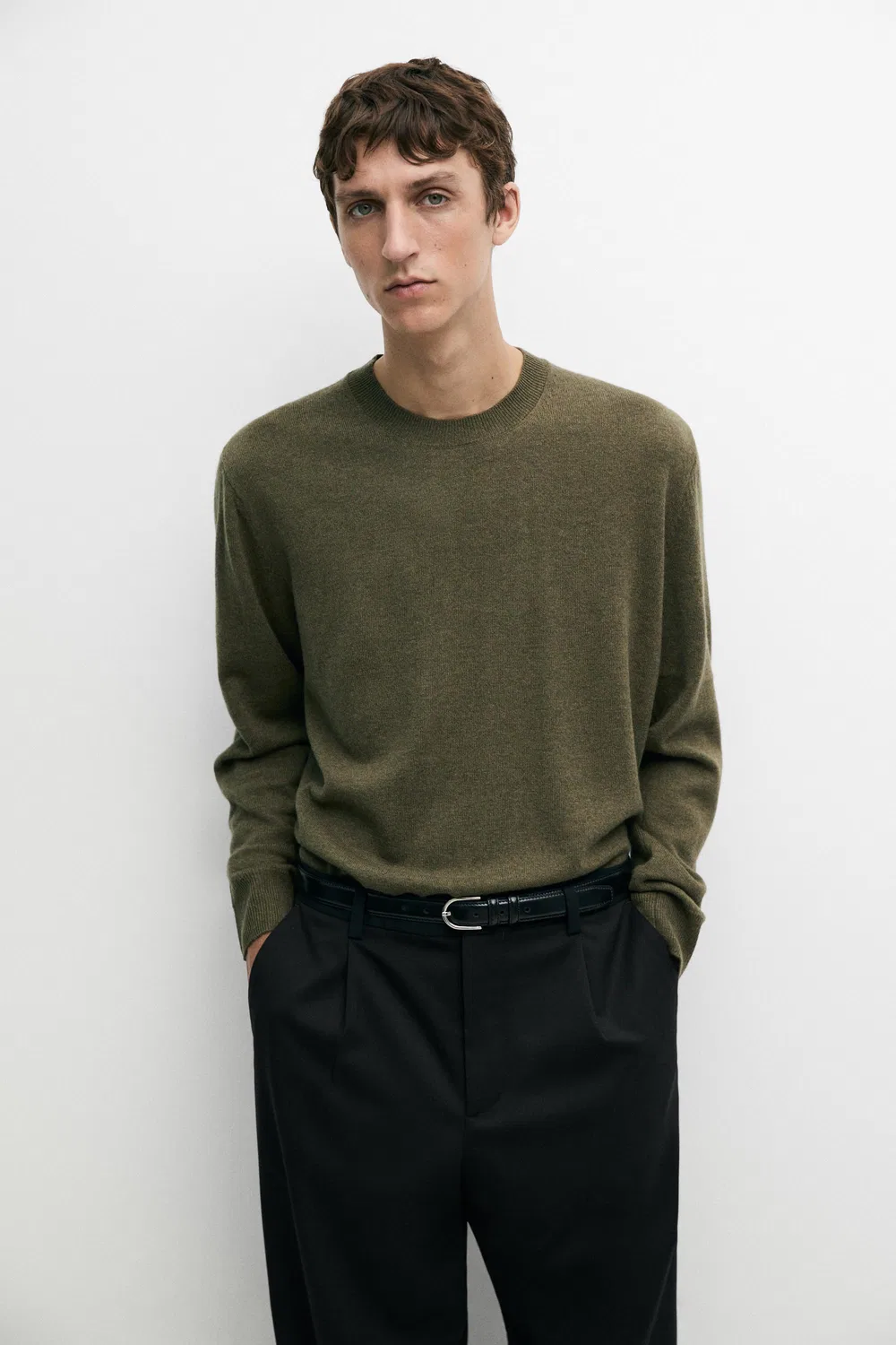 Свитер Massimo Dutti Wool Blend Round Neck Knit, темно-зеленый