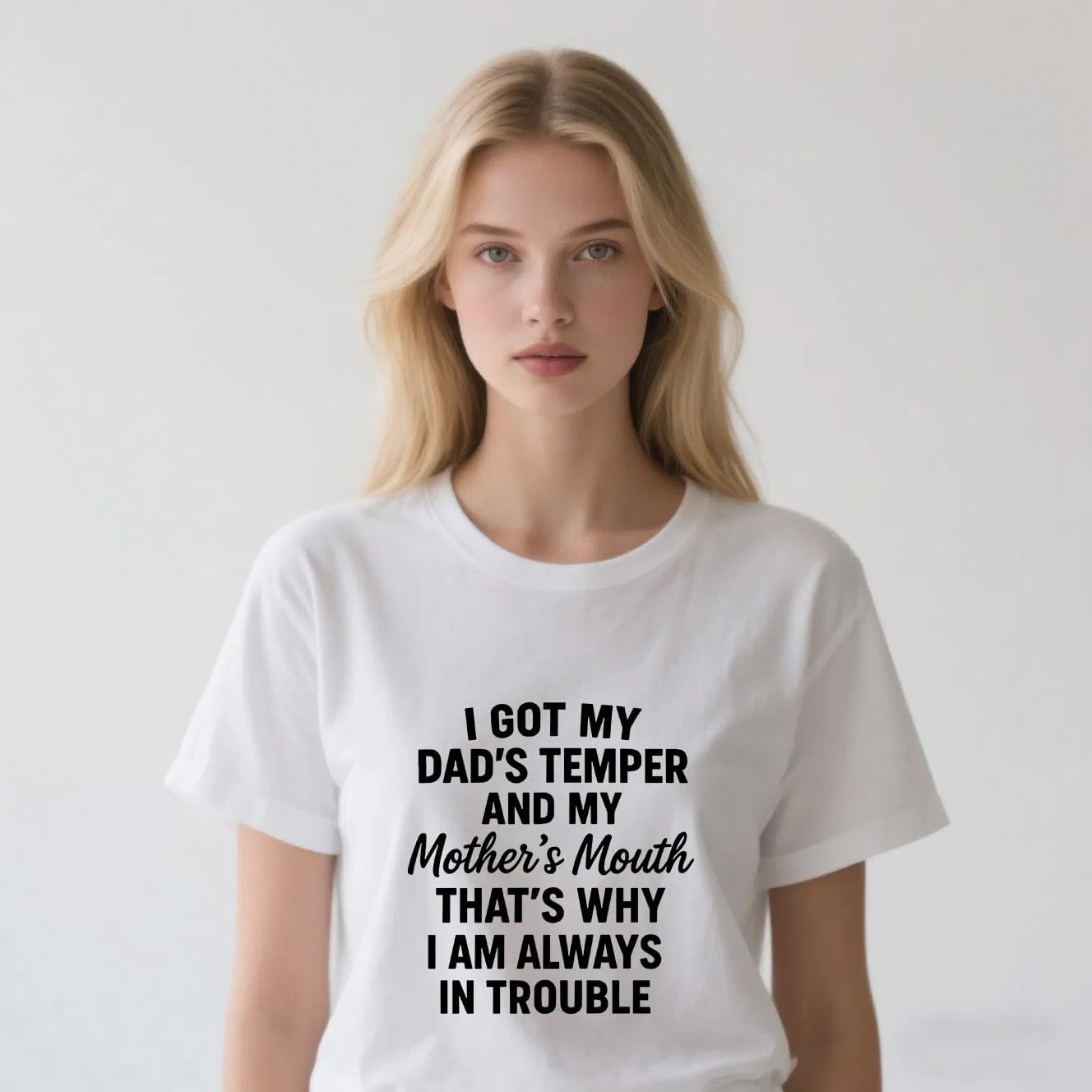 Женская футболка с графическим принтом I Got My Dad’S Temper, Black — фото 3