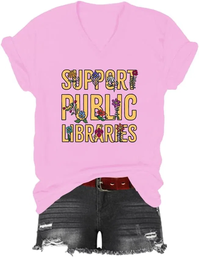 Футболка с принтом V-образным вырезом, Support Public Libraries, Pink