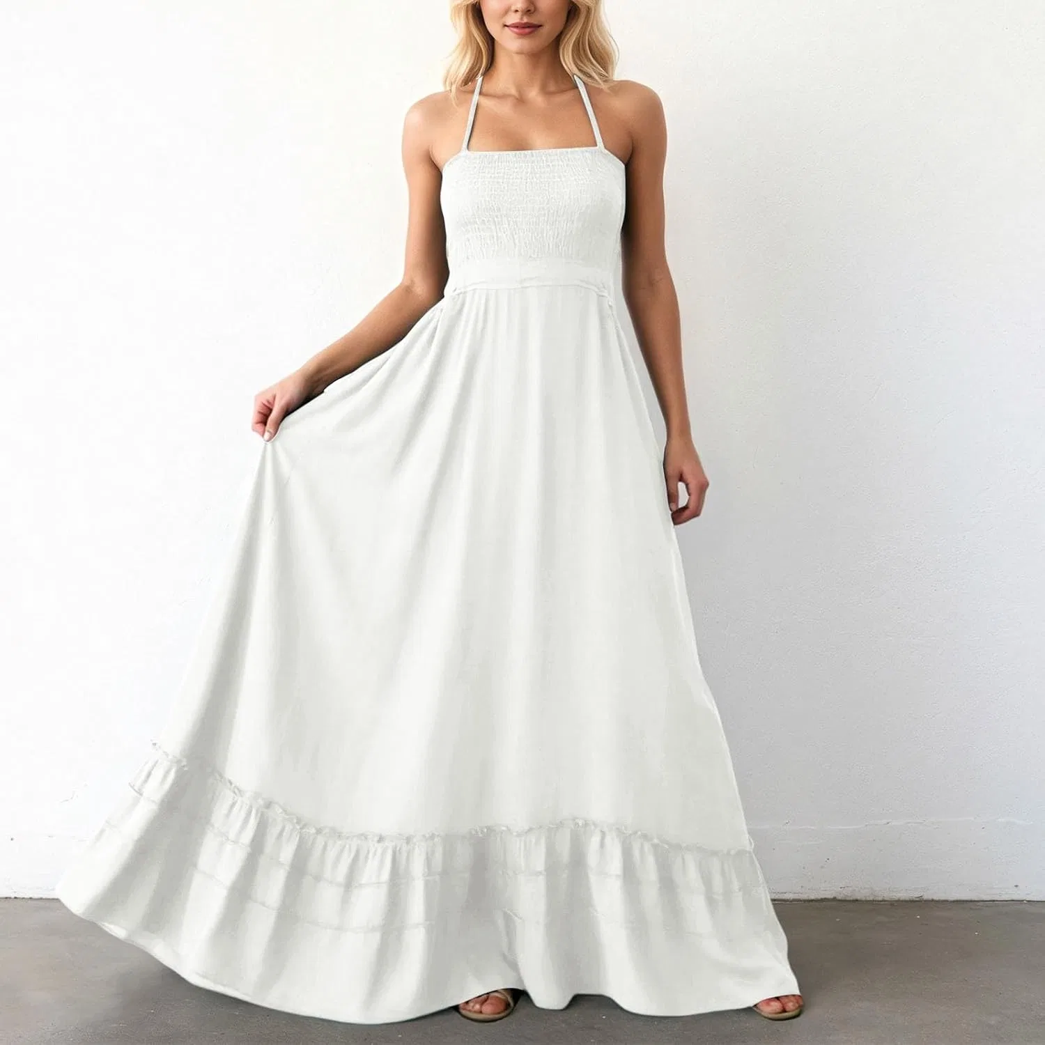 Женское летнее макси-платье без спины с воланами, White — фото 2