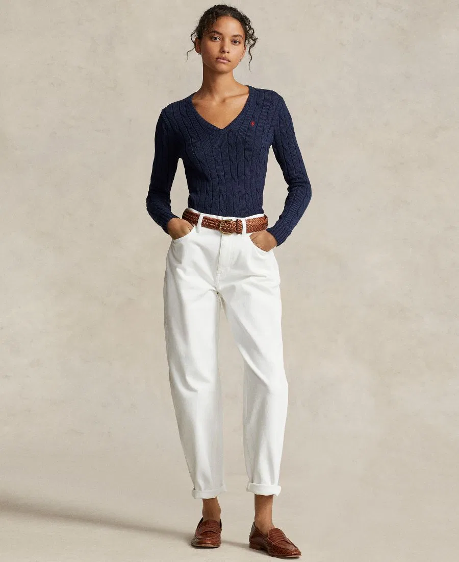 Свитер женский с V-образным вырезом из хлопка с косами, Slim Fit Polo Ralph Lauren, Hunter Navy — фото 2