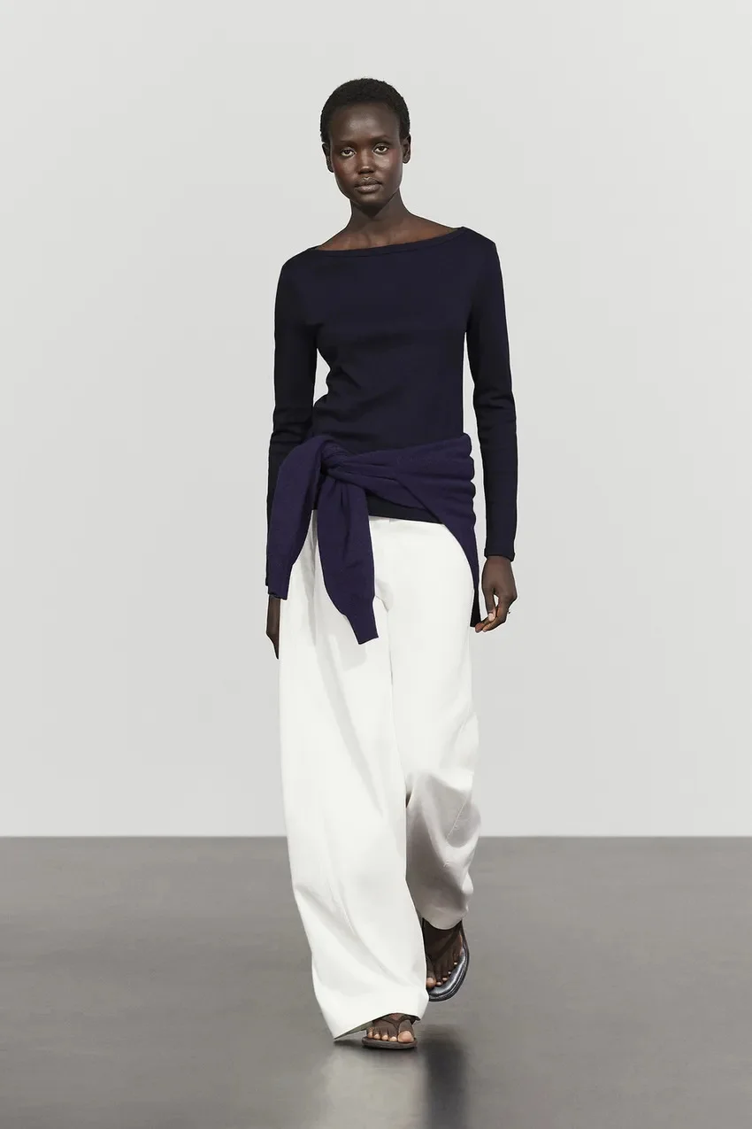 Лонгслив Massimo Dutti 100 % Cotton с вырезом лодочка, темно-синий