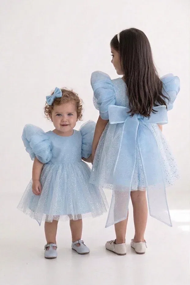 Детское платье для девочек с блестками Glittery organza blue baby girl evening dress romper dress Bertuğ Bebek, Blue — фото 3