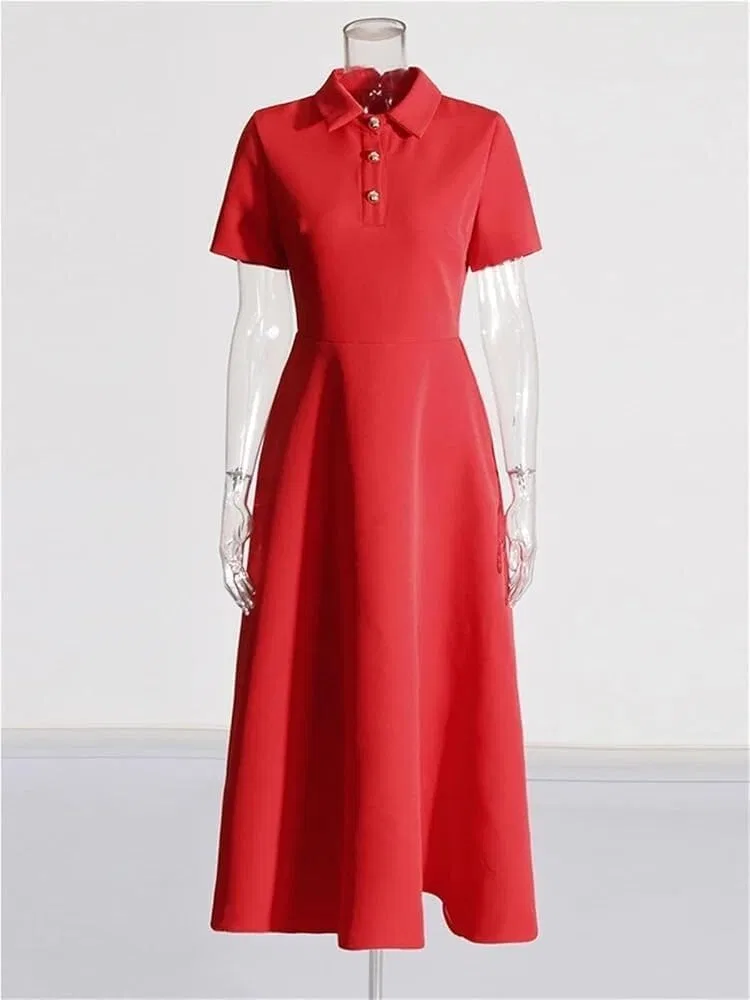 Женское платье с лацканом и пуговицами Slim Fit, Red — фото 3