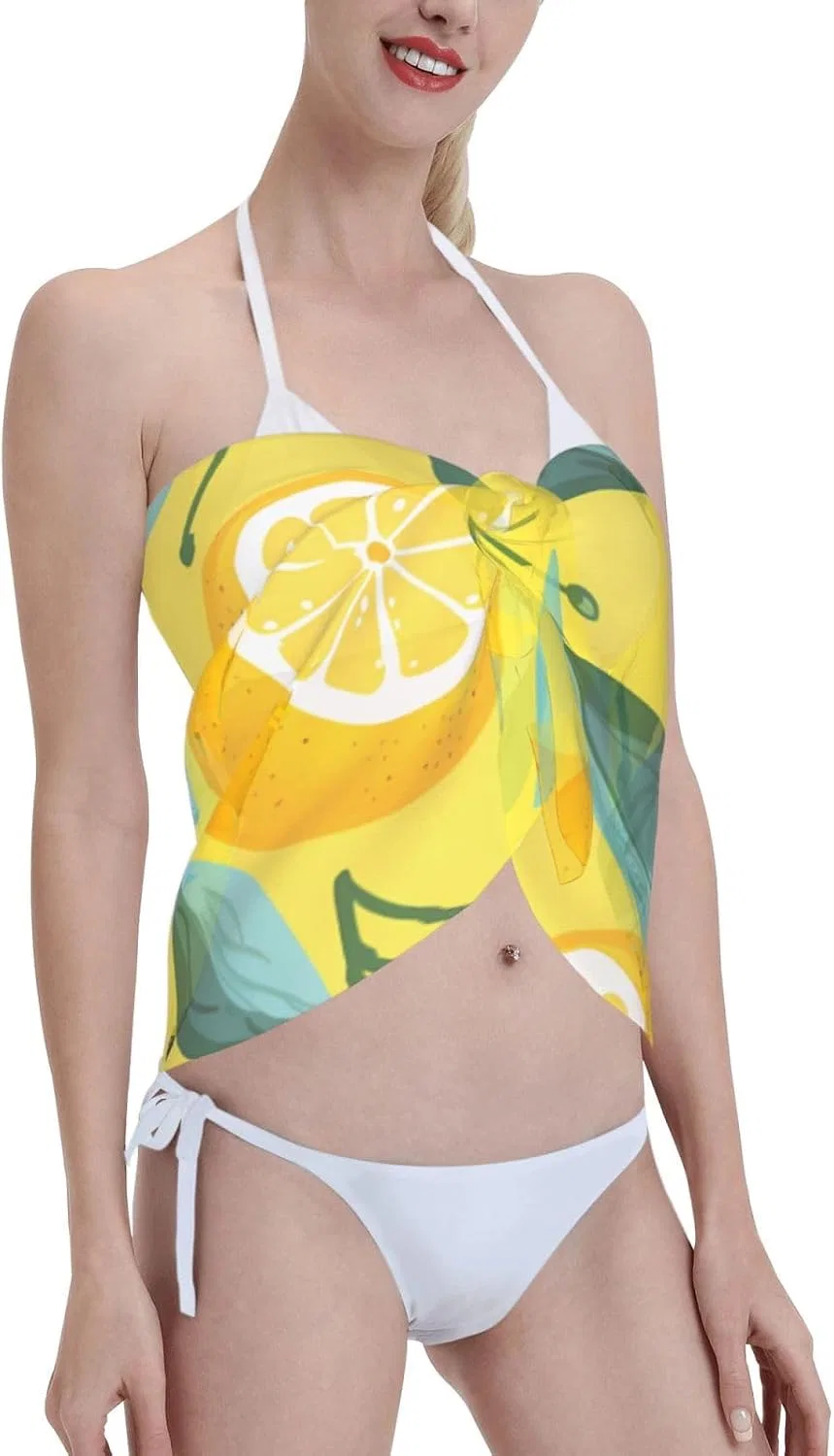 Женская пляжная накидка с листьями Black Leaf Print, Yellow Lemon — фото 4