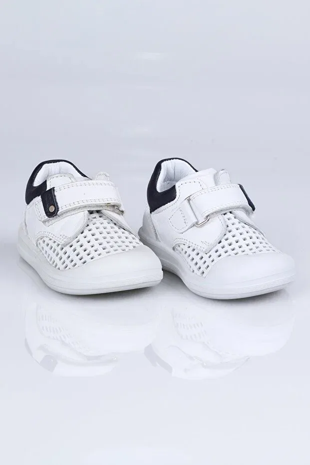 Детские туфли для мальчиков на липучке K.727 leather shoes i.b.-white-dark blue Elma Şekeri, White Lacquer