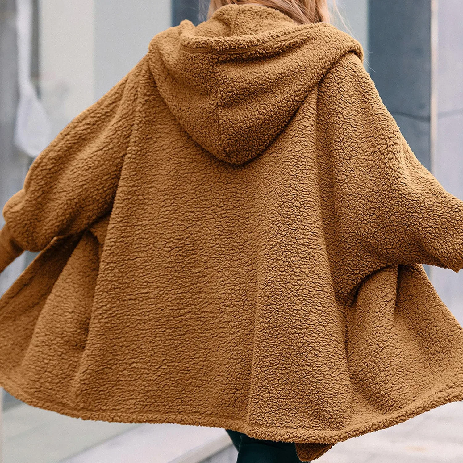 Женское пальто-кардиган с капюшоном Oversized Fleece Hooded Jacket, Marrone — фото 4