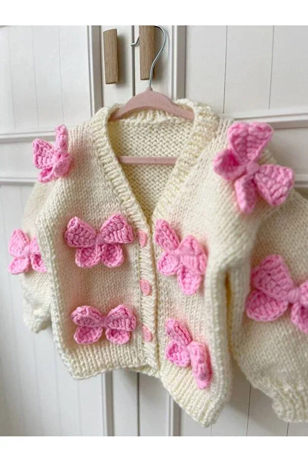 Детский кардиган для девочек с ручной вышивкой Ribbon detailed hand knitted girl's cardigan El Örgüsü, Cream — фото 2