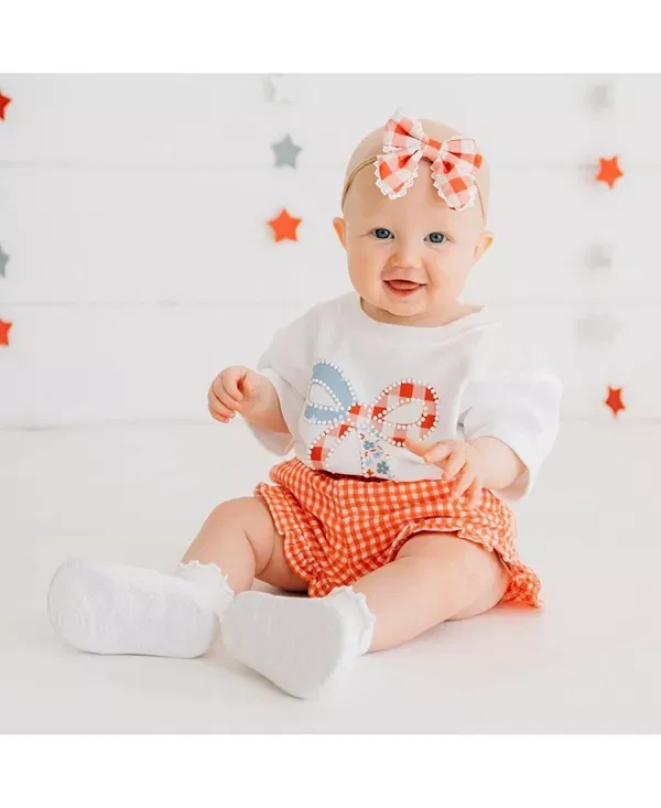 Детский боди-комбинезон для девочек с коротким рукавом Patchwork Bow Patch Sweet Wink, белый — фото 2