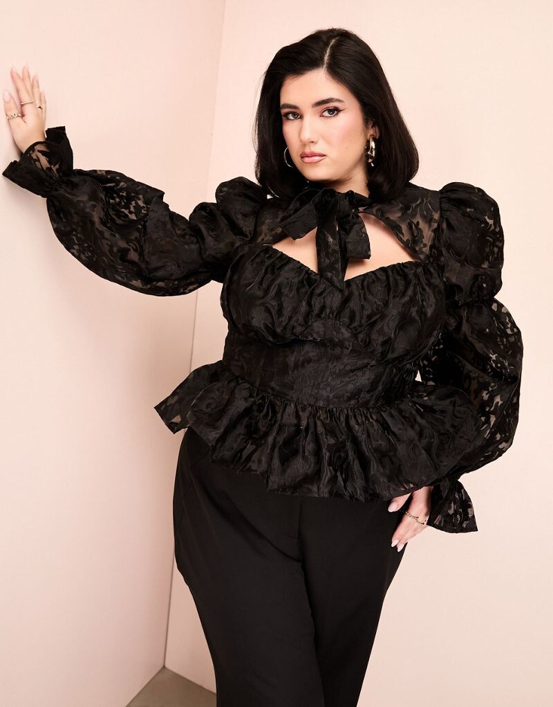 

Черный кружевной топ с пышными рукавами и бантом ASOS LUXE Curve
