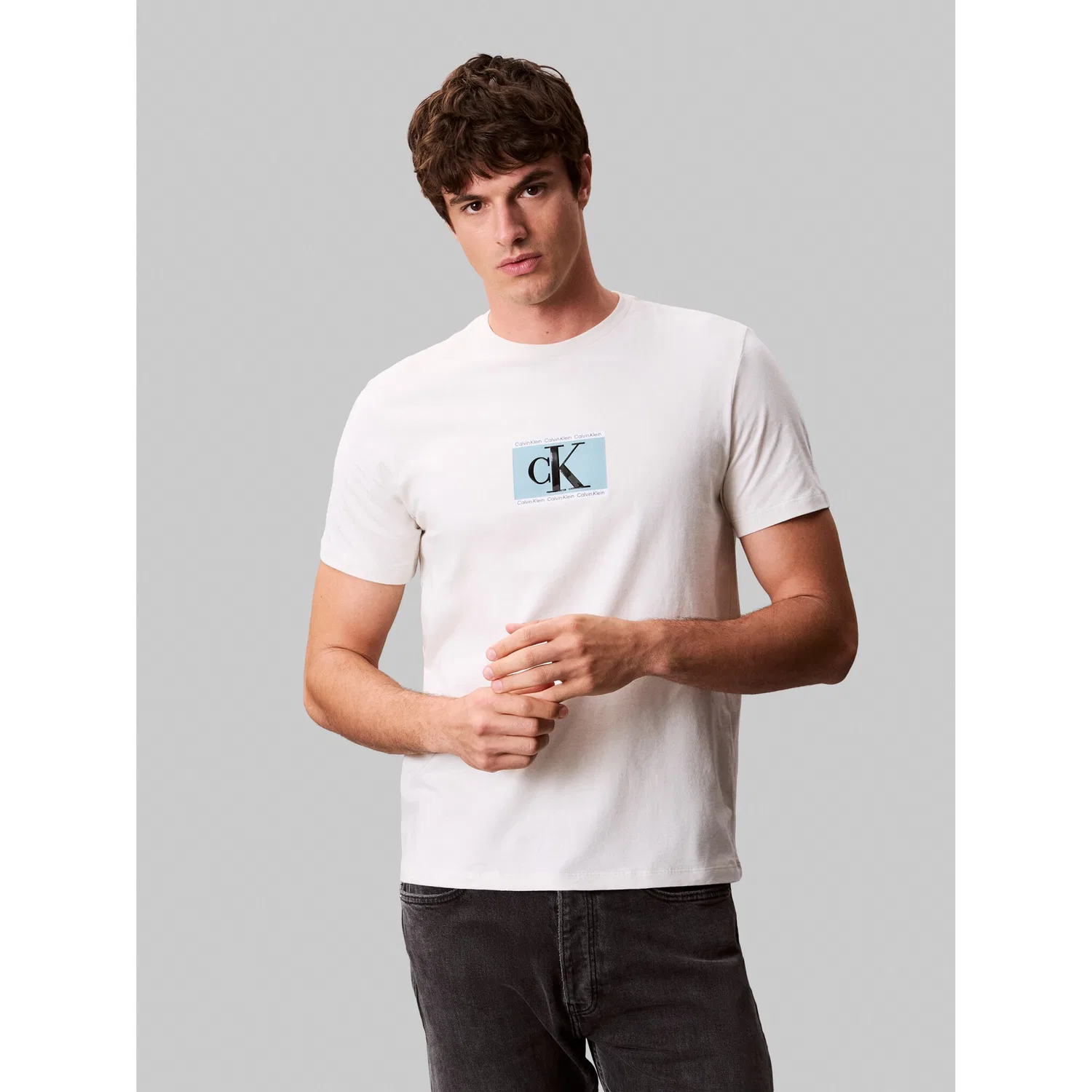 Мужская хлопковая футболка с круглым вырезом Calvin Klein, Chalk