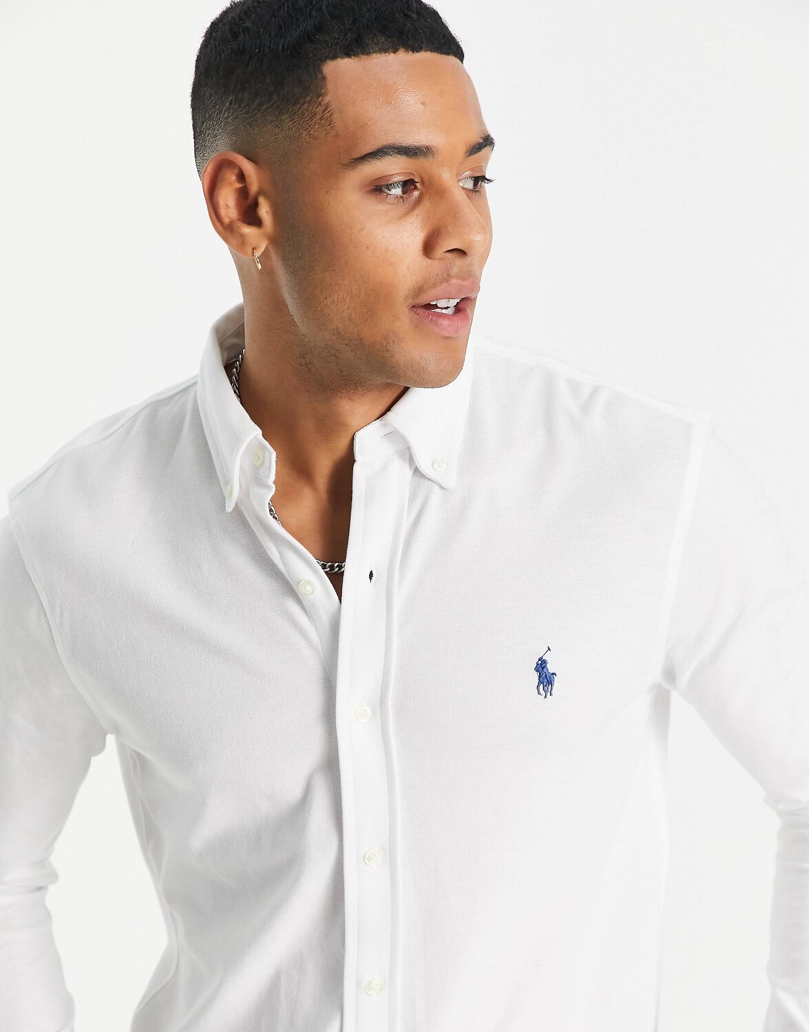 Белая приталенная рубашка из пике Polo Ralph Lauren с логотипом игрока на пуговицах — фото 3
