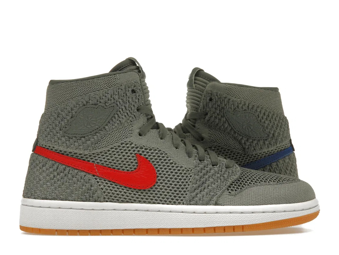 Детские кроссовки с высоким верхом Jordan 1 Retro High Flyknit Jordan, Clay Green/White-Hyper Cobalt-Gum Yellow