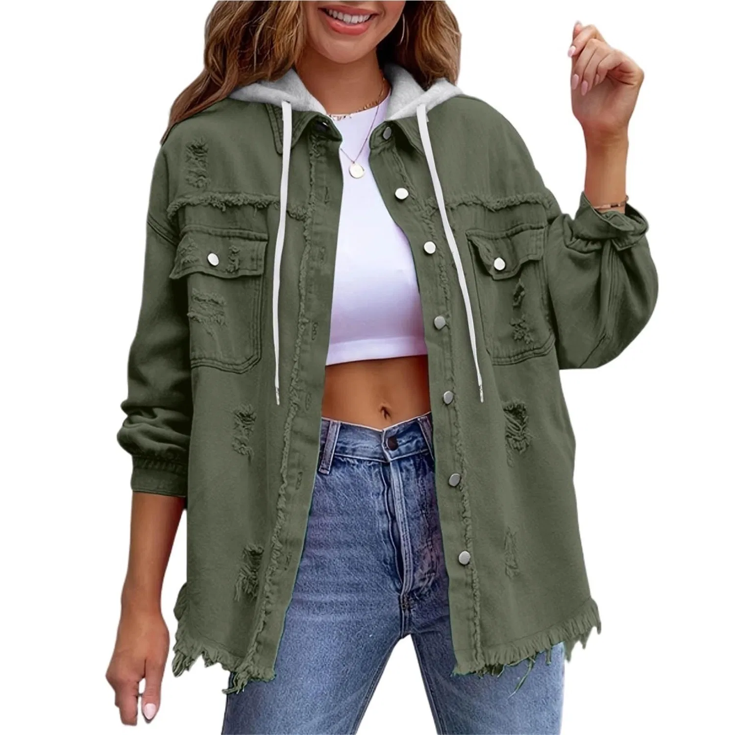 Женская джинсовая куртка с капюшоном с принтом, Military green