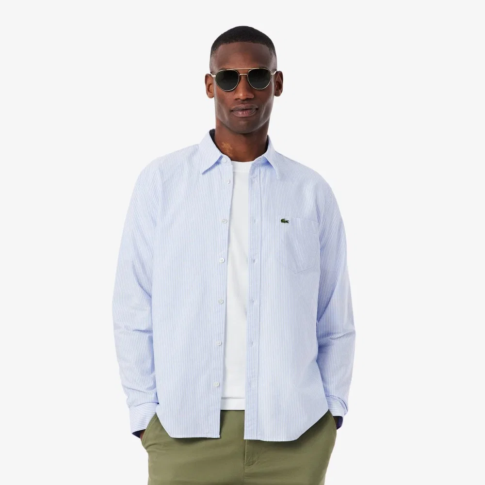 Мужская рубашка в полоску из оксфорда небесно-голубая от Lacoste