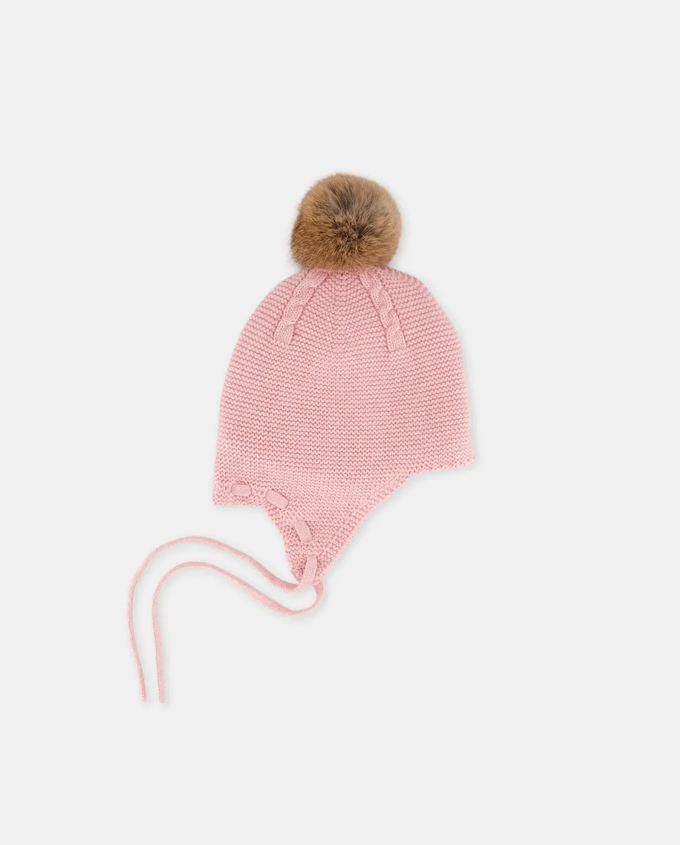 

Вязаная шапка с косами из меха кролика для маленькой девочки Coconut El Corte Inglés, бледно-розовый