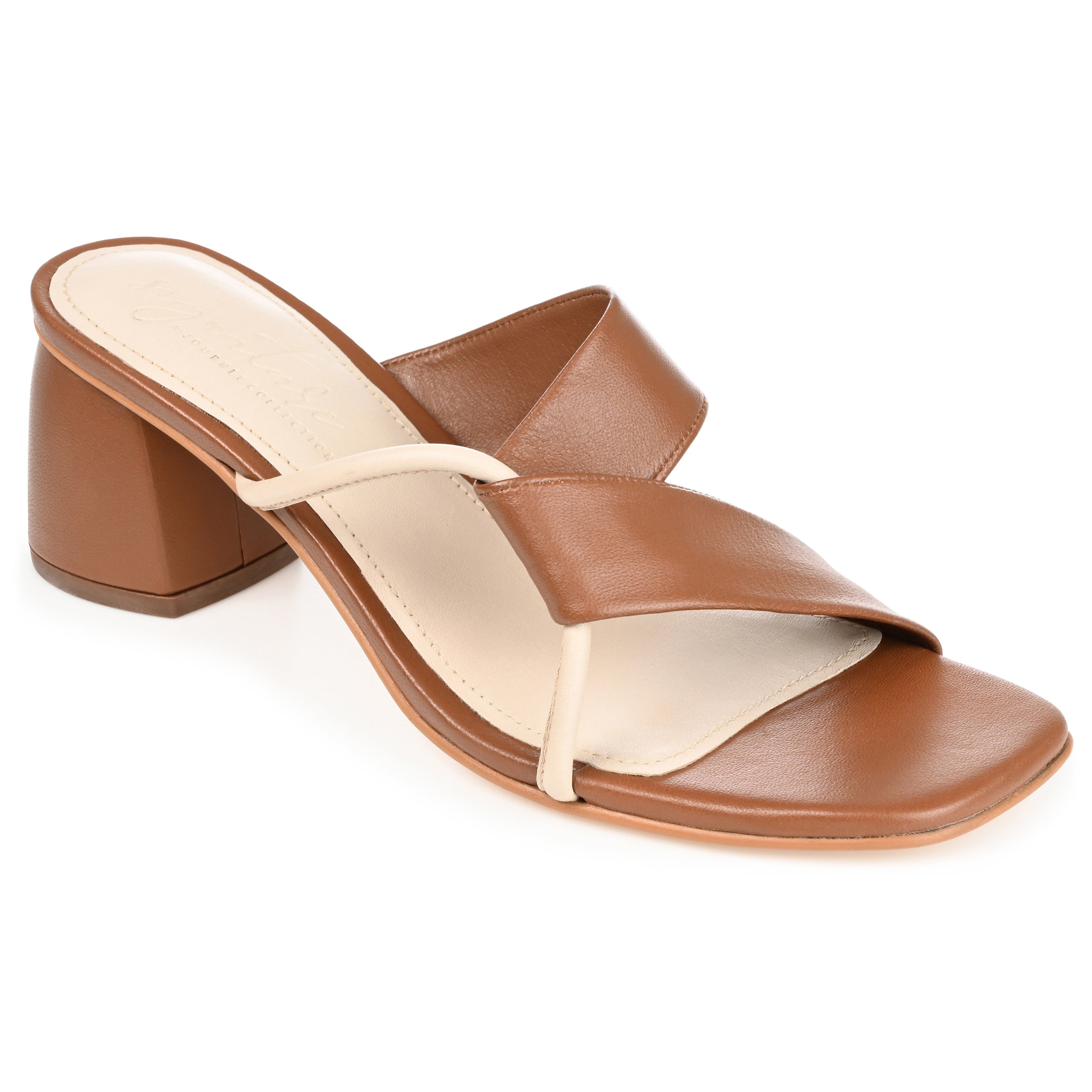 Женские сандалии Journee Signature из натуральной кожи Jossette Slip On с открытым квадратным носком и блочным каблуком, коричневый