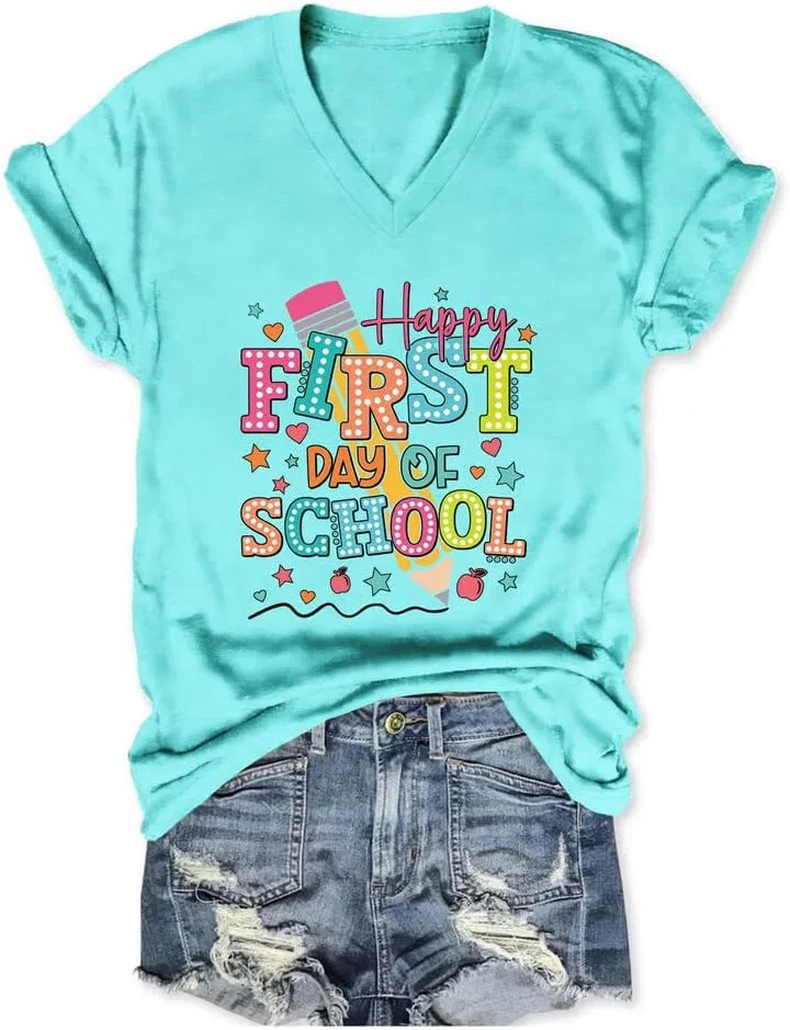 Футболка с принтом, повседневная, Happy First Day of School, розовый — фото 4