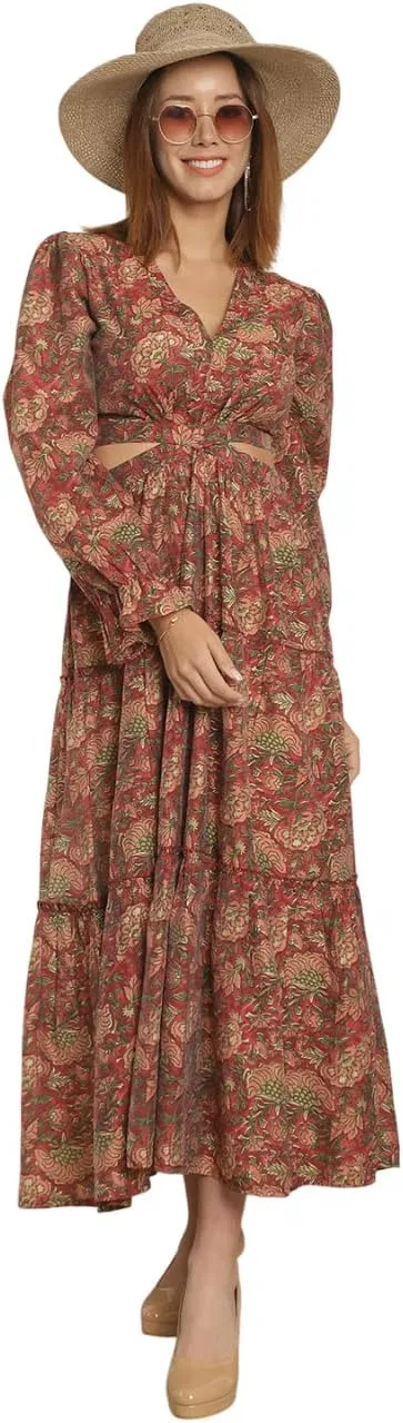 Женское шелковое макси-платье с цветочным принтом, Dark Maroon