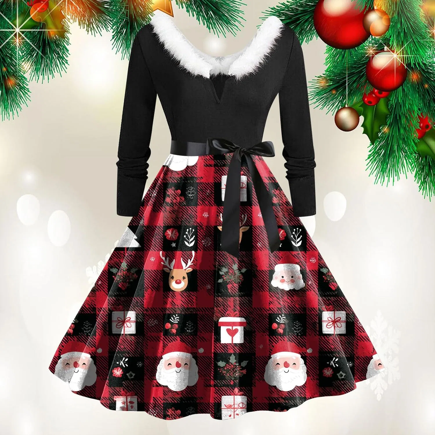 Женское платье-трапеция с принтом Christmas Dresses, ярко-розовый — фото 2