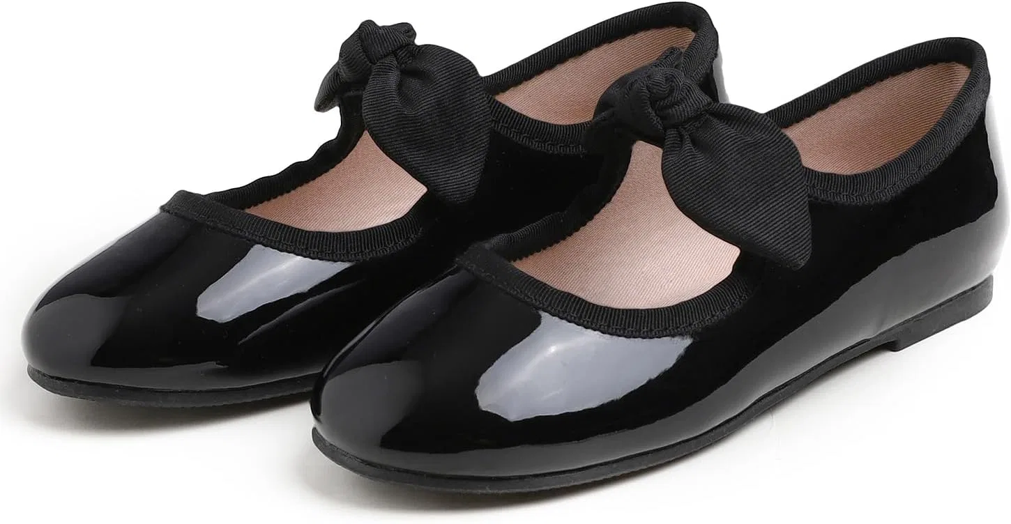 Детские туфли для девочек с пряжкой FEVERSOLE, Patent Bow Elastic Maryjane Black — фото 2