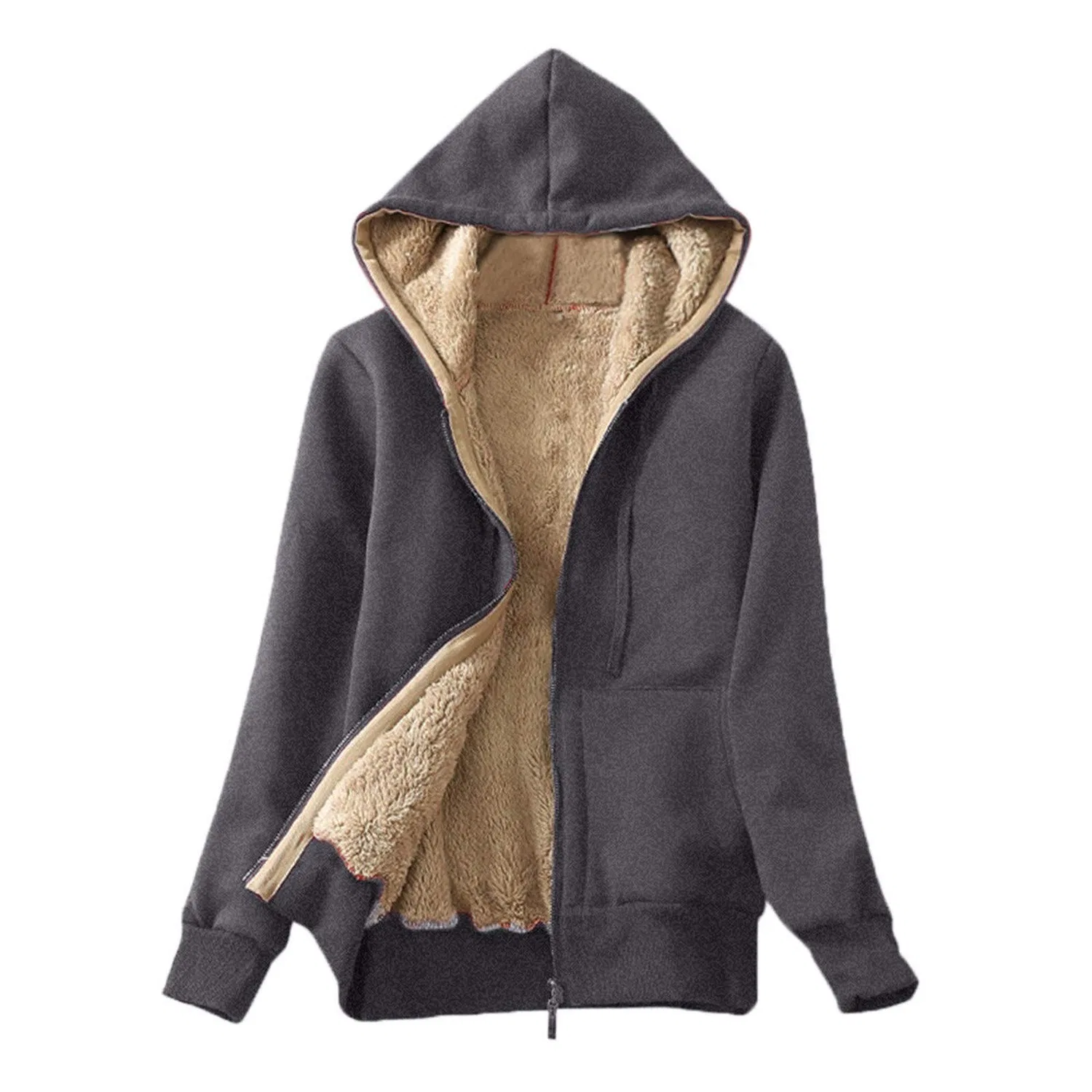 Женское утепленное пальто с капюшоном Long Fleece Jacket, grey