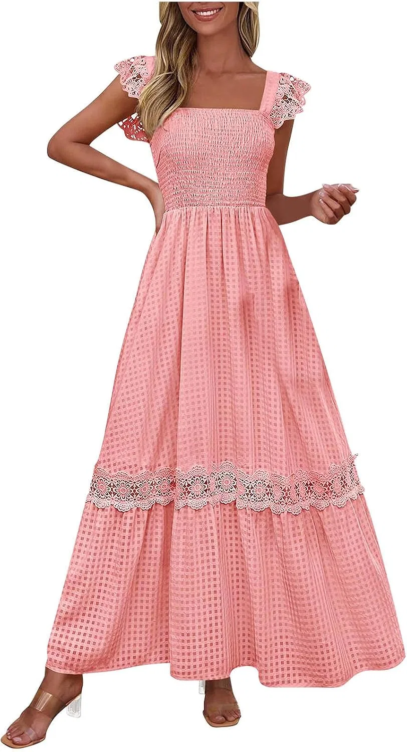 Женское летнее платье в клетку с кружевными рукавами-воланами, Watermelon Red