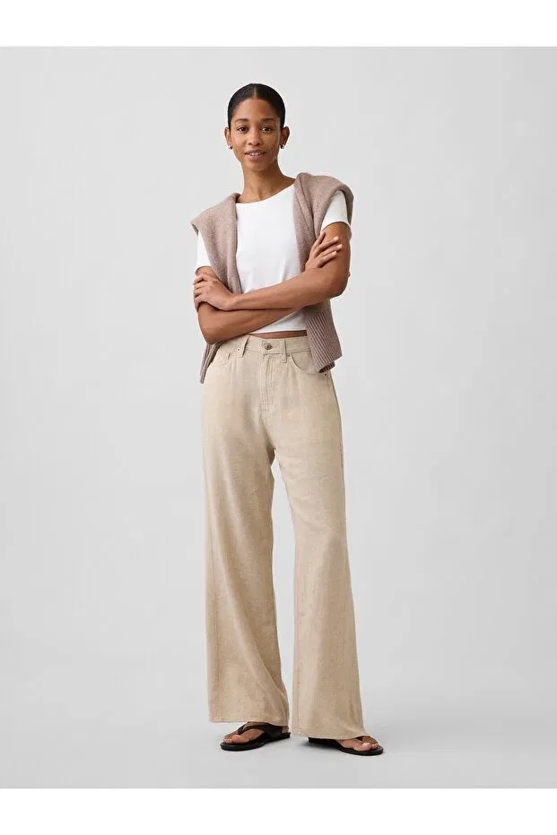 Женские широкие брюки из льняной смеси с высокой талией Gap, Beige-001