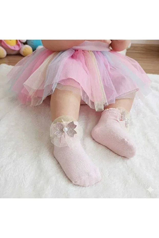 Детские носки для девочек хлопковые набор 3 пары Pearl and ribbon detailed baby girl socks set of 3 Thagos, Multicolor — фото 3