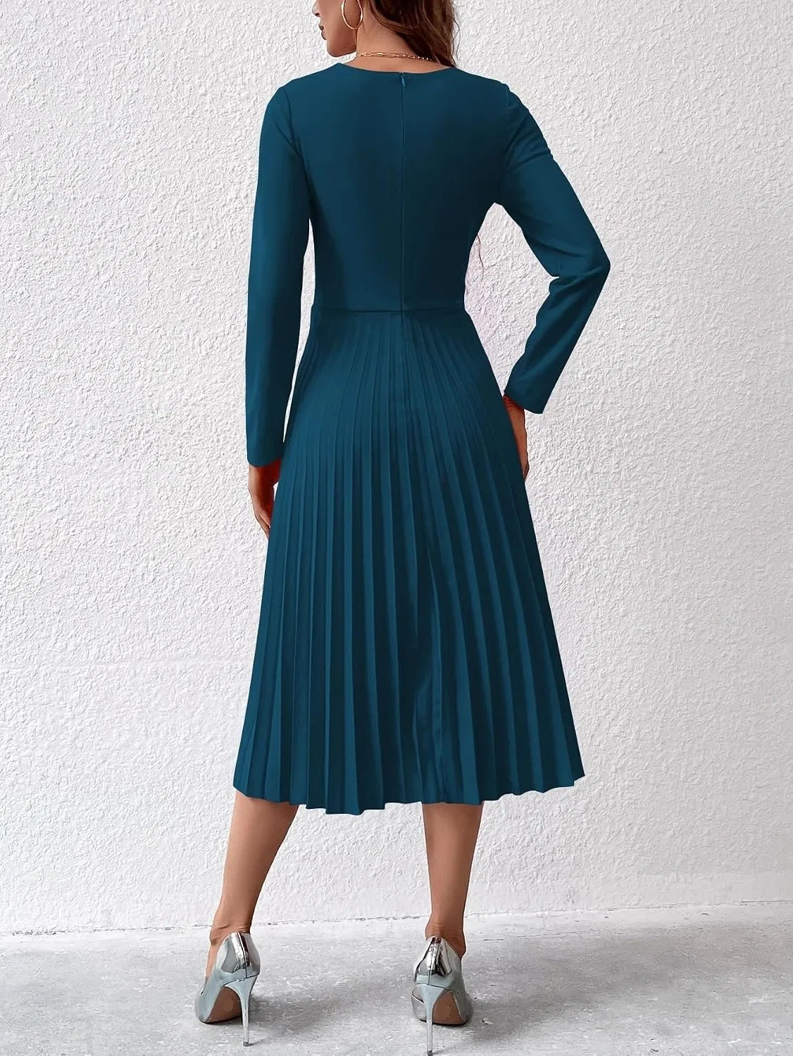Женское элегантное платье миди A-силуэта с плиссе, Long Sleeve, Teal Blue — фото 2