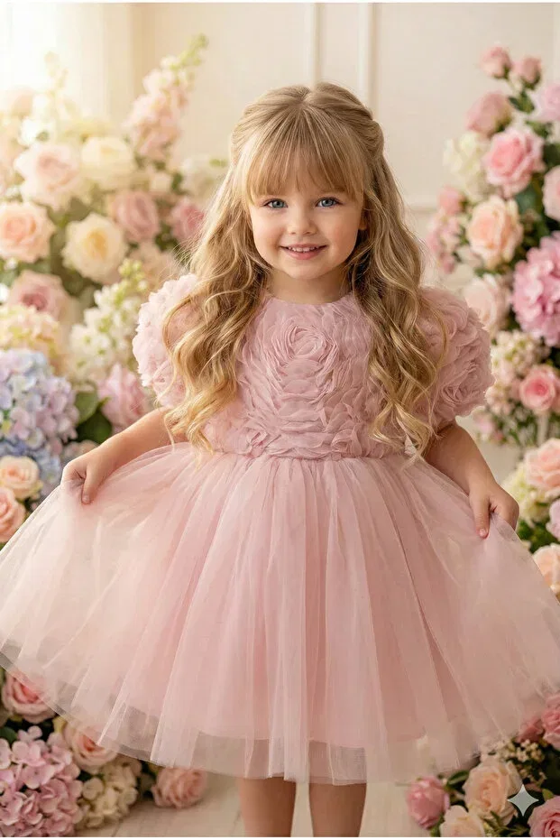 Детское платье для девочек с коротким рукавом 3D розой аппликация tulle tutu bow Alyra, Pink — фото 4