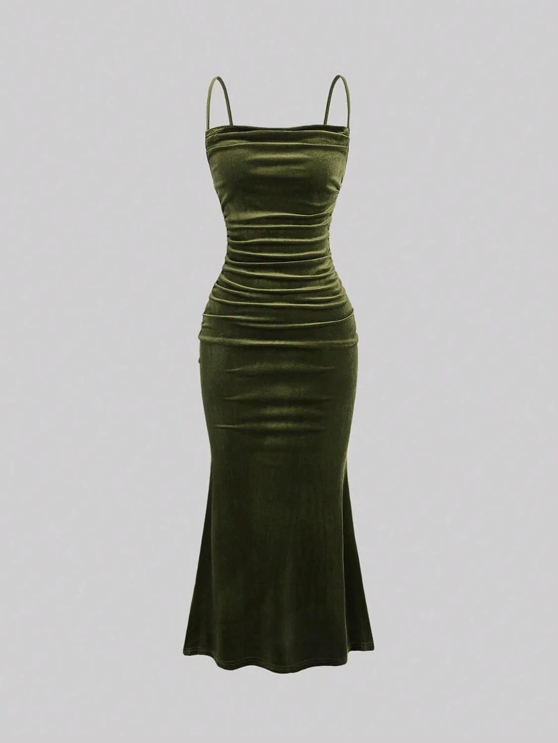 Женское элегантное бархатное макси-платье на тонких бретелях, Army Green — фото 3