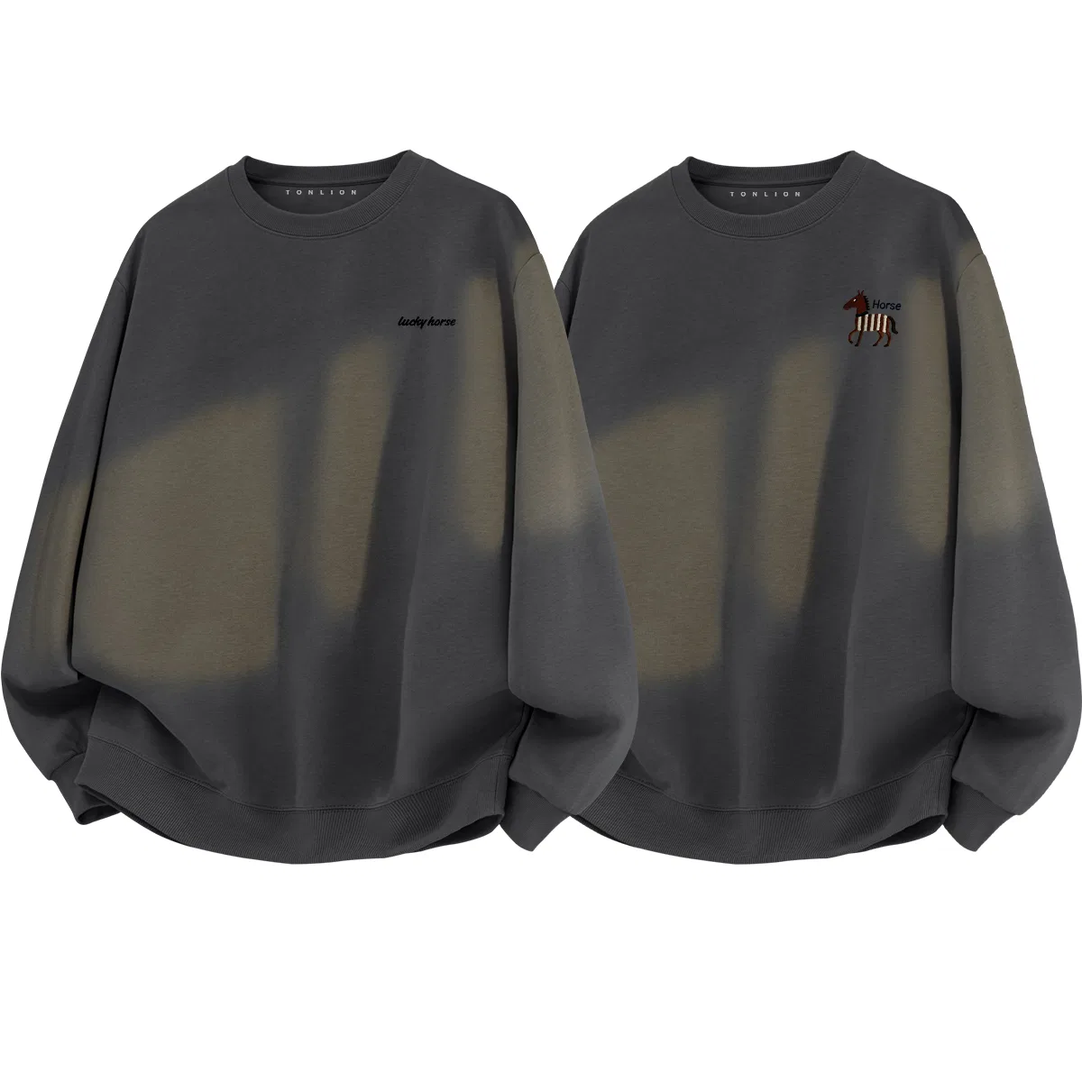Детский комплект свитшотов с круглым вырезом Tonlion, Lucky Black Horse Print, Stripe Pony Print, Цвет: Deep Grey