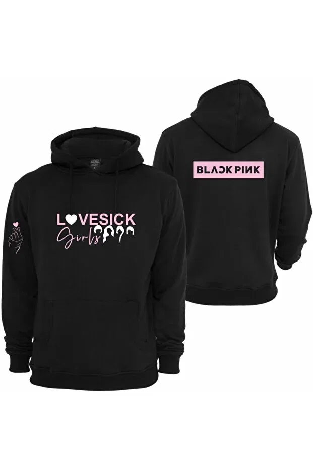 Детское худи для девочек с принтом Lovesick Girls Black Pink Logo Printed Sweat Hoodie Venüsdijital, Черный
