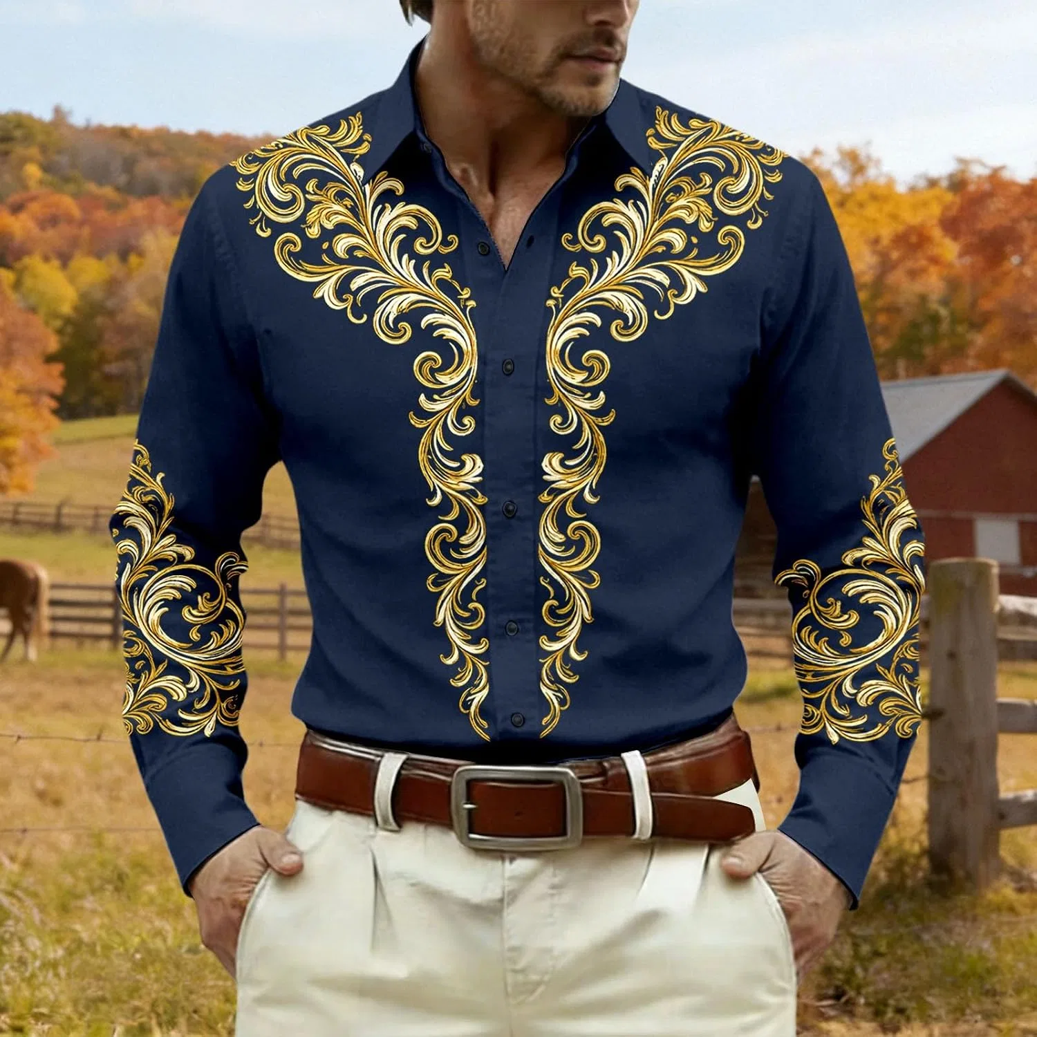 Мужская рубашка с принтом Country Cowboy Vintage Rockabilly, тёмно-синий — фото 2