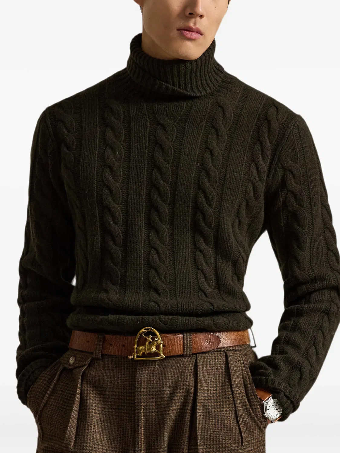 Свитер с высоким горлом вязки косами Polo Ralph Lauren, зеленый — фото 4