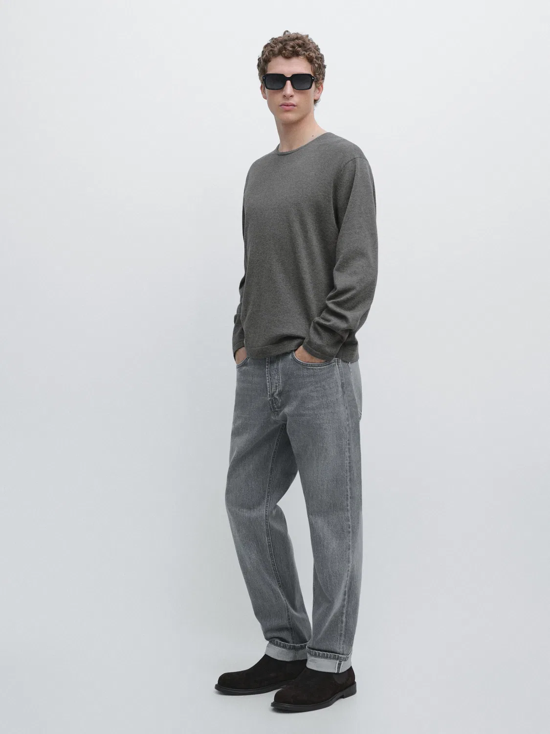 Вязаный свитер с круглым вырезом из 100% хлопка Massimo Dutti, серый