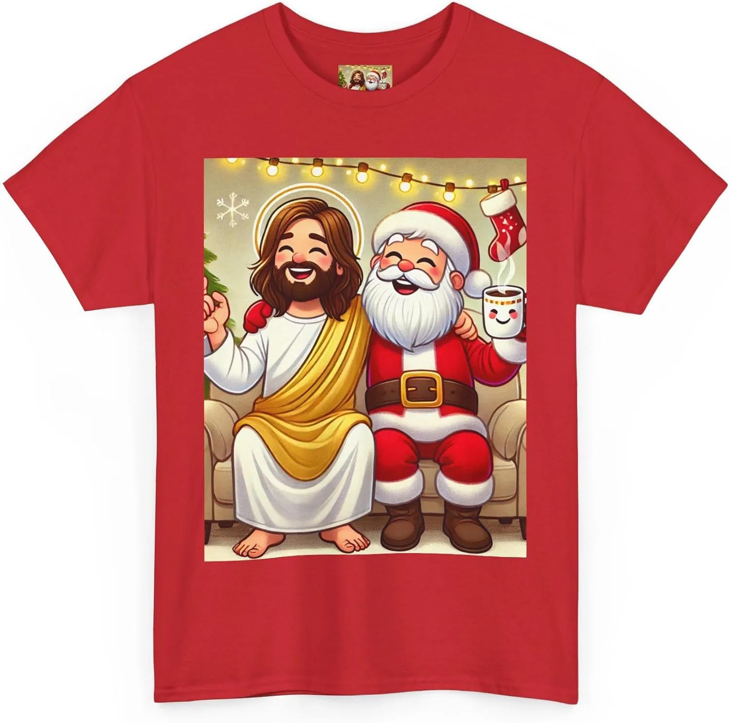 Женская футболка с принтом Funny Santa Jesus Hanging Out, красный — фото 3
