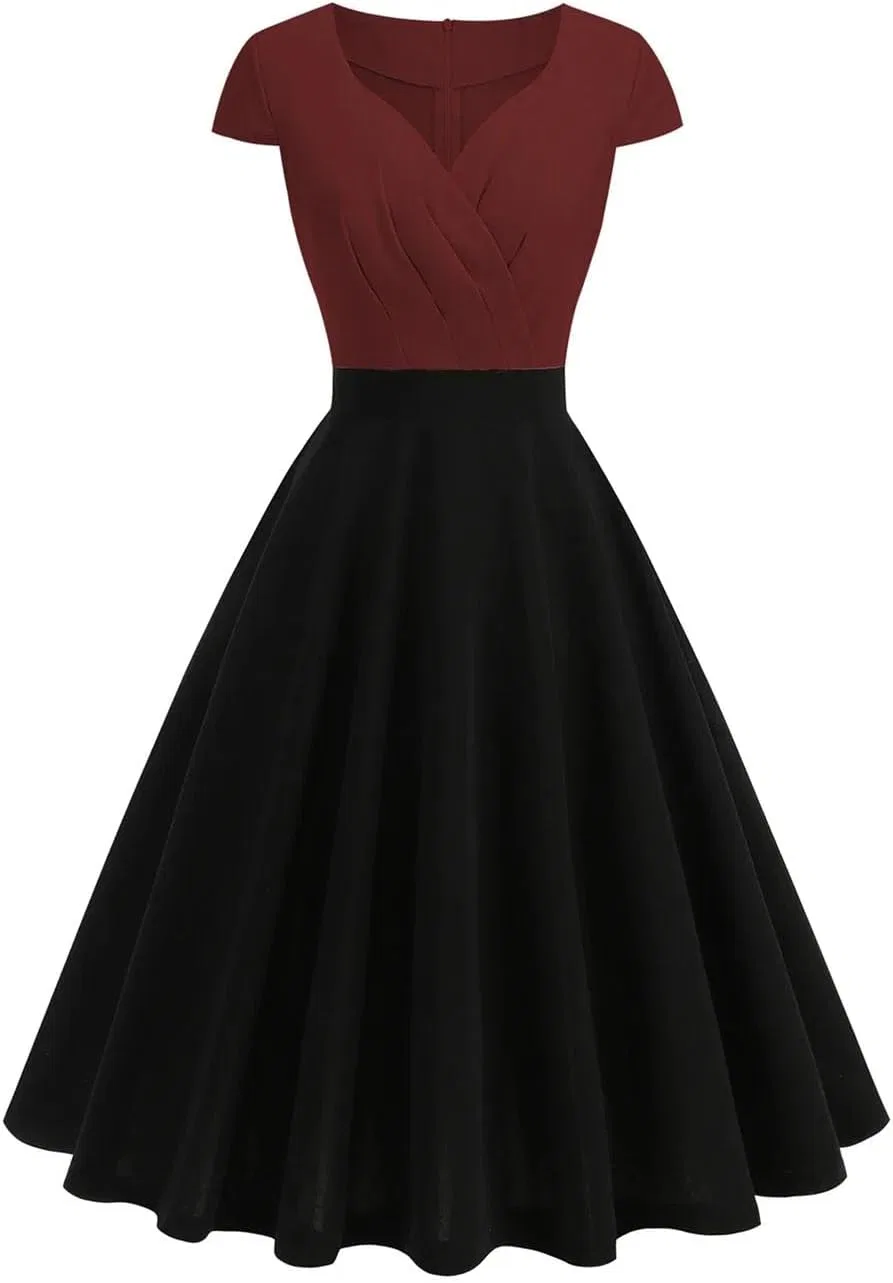 Женское винтажное платье с пэчворком A-line, Wine Red