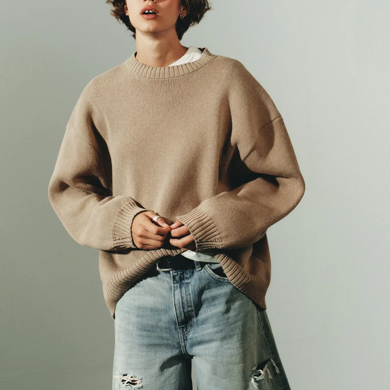 Женский трикотажный свитер с круглым вырезом Light Beige ZARA — фото 4