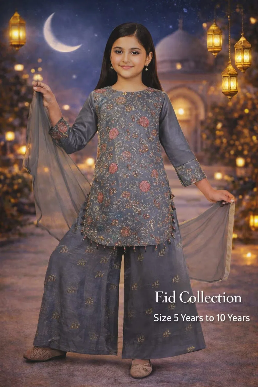 Комплект праздничный с цветочным принтом Moonlit Grace Eid Inaabia, угольный